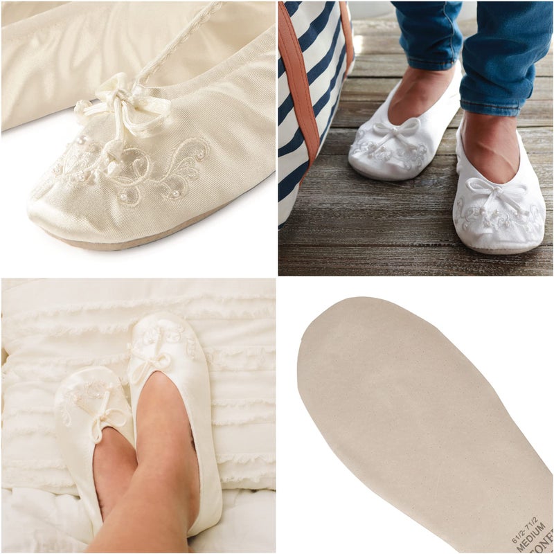 isotoner Womenâ€™s Rose Quilted Ballerina Slippers with Rhinestone Embellishment and Genuine Suede Sole , Ivory, 8 9 US - Image 4