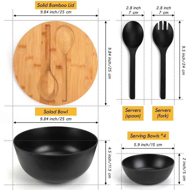 ShineMe Salad Bowls  Large Salad Bowl with Lid and Servers  Bamboo Salad Bowl Set with 4Pack Small Serving Bowls  9.8inches Solid Kitchen Bowl for Fruits  Vegetables and Pasta...(Black) - Image 3