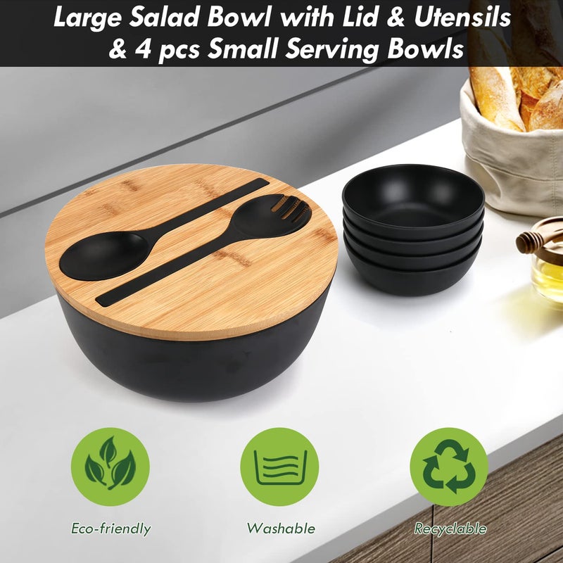 ShineMe Salad Bowls  Large Salad Bowl with Lid and Servers  Bamboo Salad Bowl Set with 4Pack Small Serving Bowls  9.8inches Solid Kitchen Bowl for Fruits  Vegetables and Pasta...(Black) - Image 2
