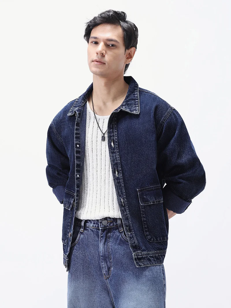 Urbano Fashion Urbano Fashion Men's Dark Blue Relaxed Fit Full Sleeve Utility Denim Jacket
