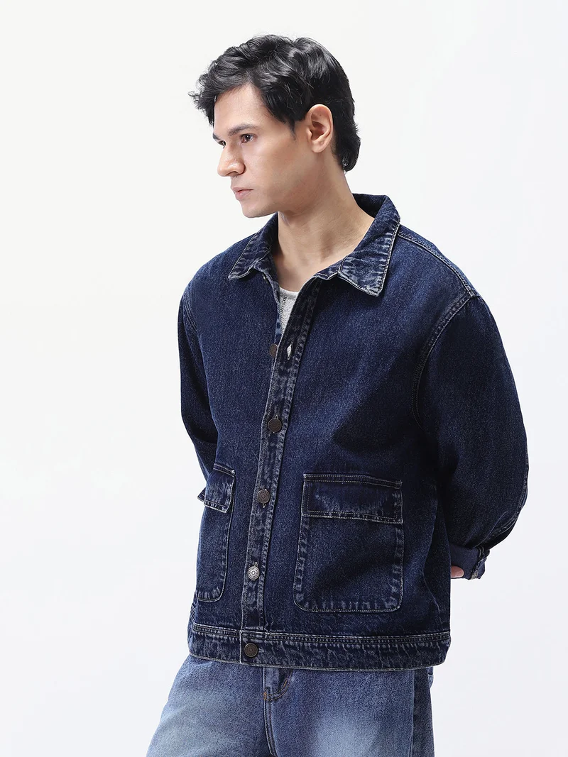 Urbano Fashion Urbano Fashion Men's Dark Blue Relaxed Fit Full Sleeve Utility Denim Jacket