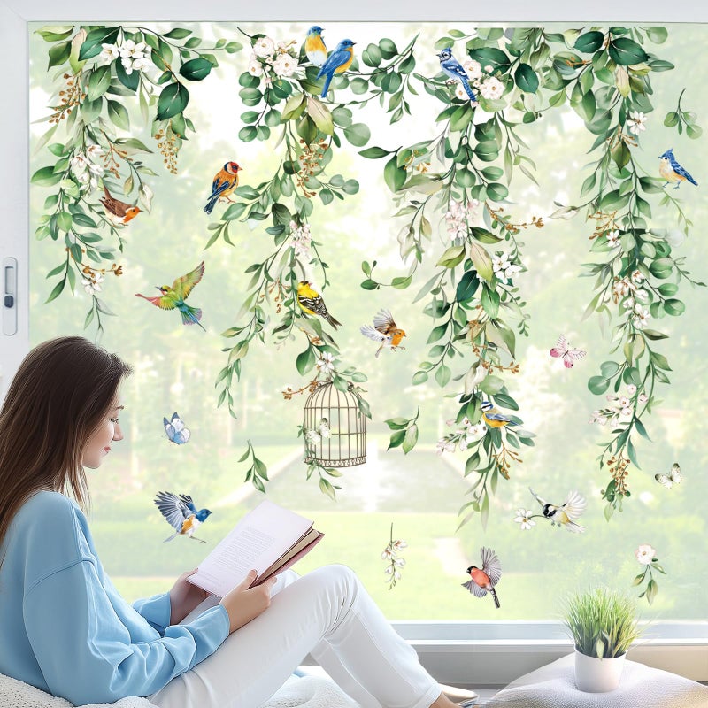 wondever Spring Summer Hanging Vine Eucalyptus Window Clings Green Leaves Flower Birds Glass Sticker Decal Anti Collision Double-Side Static Window Stickers for Home Glass - Image 3