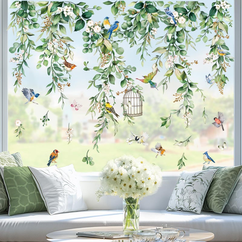 wondever Spring Summer Hanging Vine Eucalyptus Window Clings Green Leaves Flower Birds Glass Sticker Decal Anti Collision Double-Side Static Window Stickers for Home Glass - Image 1