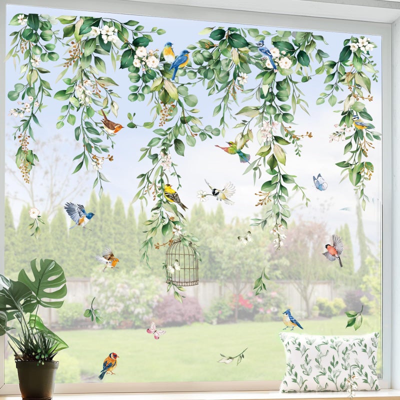 wondever Spring Summer Hanging Vine Eucalyptus Window Clings Green Leaves Flower Birds Glass Sticker Decal Anti Collision Double-Side Static Window Stickers for Home Glass - Image 2
