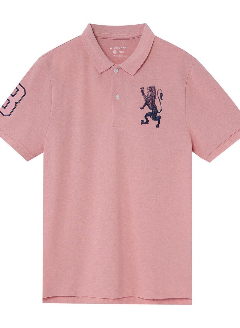 GIORDANO Men's 3D Lion Polo: Slim Fit, Bold Embroidery, Premium Pique  - Image 1