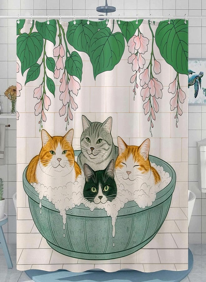 Kanuyee Adorable Cats Shower Curtain Set Cozy Plant Pot Design Waterproof Bathroom Shower Curtain Cute Feline Group Print Charming Home Decor 72x72 Inch - Image 1