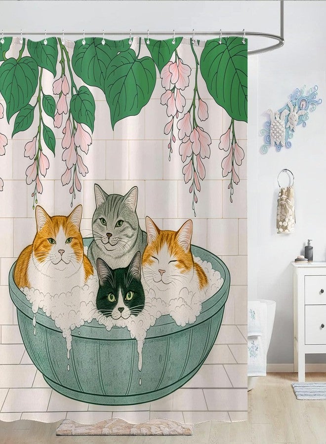 Kanuyee Adorable Cats Shower Curtain Set Cozy Plant Pot Design Waterproof Bathroom Shower Curtain Cute Feline Group Print Charming Home Decor 72x72 Inch - Image 4