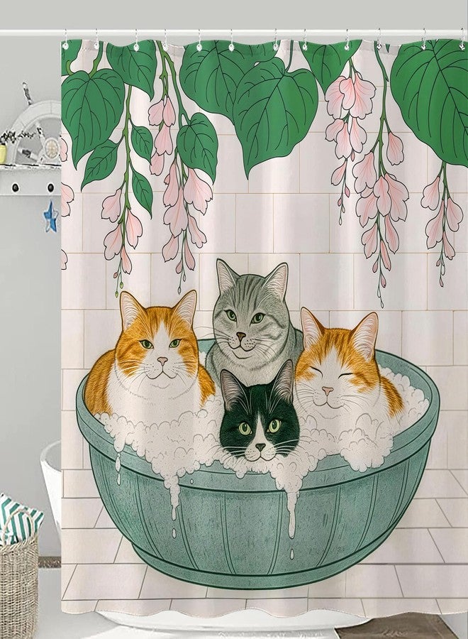 Kanuyee Adorable Cats Shower Curtain Set Cozy Plant Pot Design Waterproof Bathroom Shower Curtain Cute Feline Group Print Charming Home Decor 72x72 Inch - Image 2