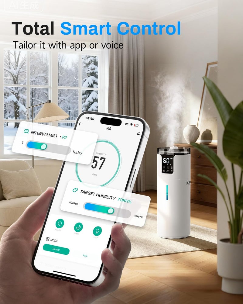 Lacidoll 16L Smart Humidifier large room, Whole house Humidifier for Home 1500 sq.ft with APP/Voice/Remote Control, Ultrasonic Cool Mist Humidifiers for Bedroom, Plants, office with Tube, White - Image 4