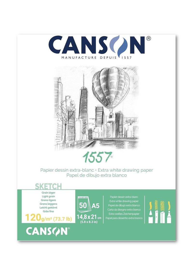 CANSON A5 Size Sketch Pad 50 Sheets Extra White 120gsm Thickness Ideal for Professional Artists & Illustrators  - Image 1