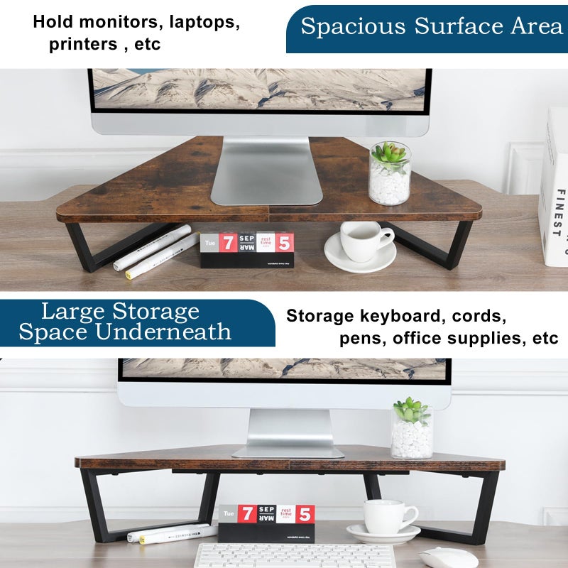 TEAMIX 26 inch Triangle Monitor Stand Riser, Desktop Corner Shelf with Metal Leg Wood Computer Stand with Storage Laptop Riser Office Organization - Image 4