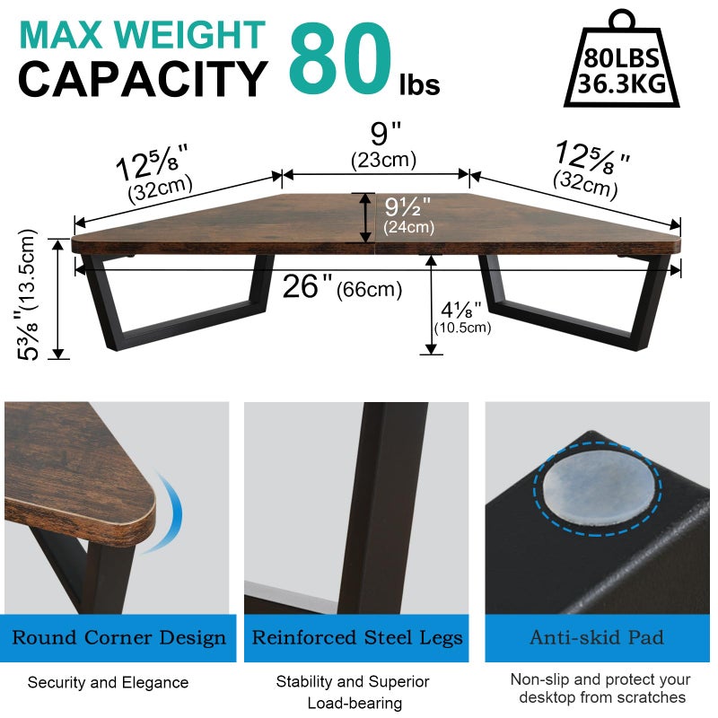 TEAMIX 26 inch Triangle Monitor Stand Riser, Desktop Corner Shelf with Metal Leg Wood Computer Stand with Storage Laptop Riser Office Organization - Image 5