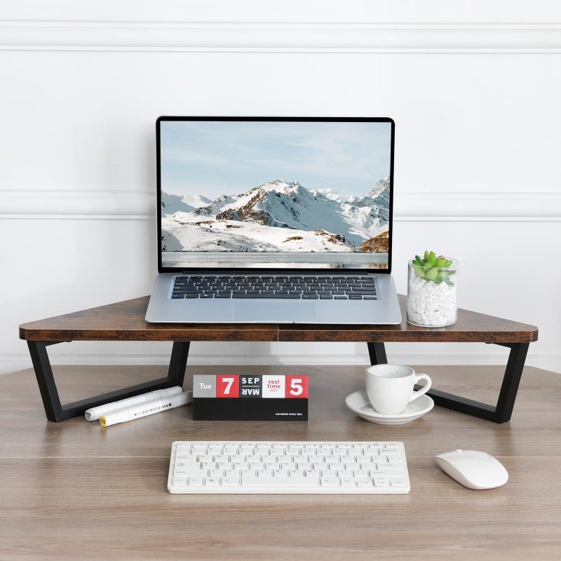 TEAMIX 26 inch Triangle Monitor Stand Riser, Desktop Corner Shelf with Metal Leg Wood Computer Stand with Storage Laptop Riser Office Organization - Image 2