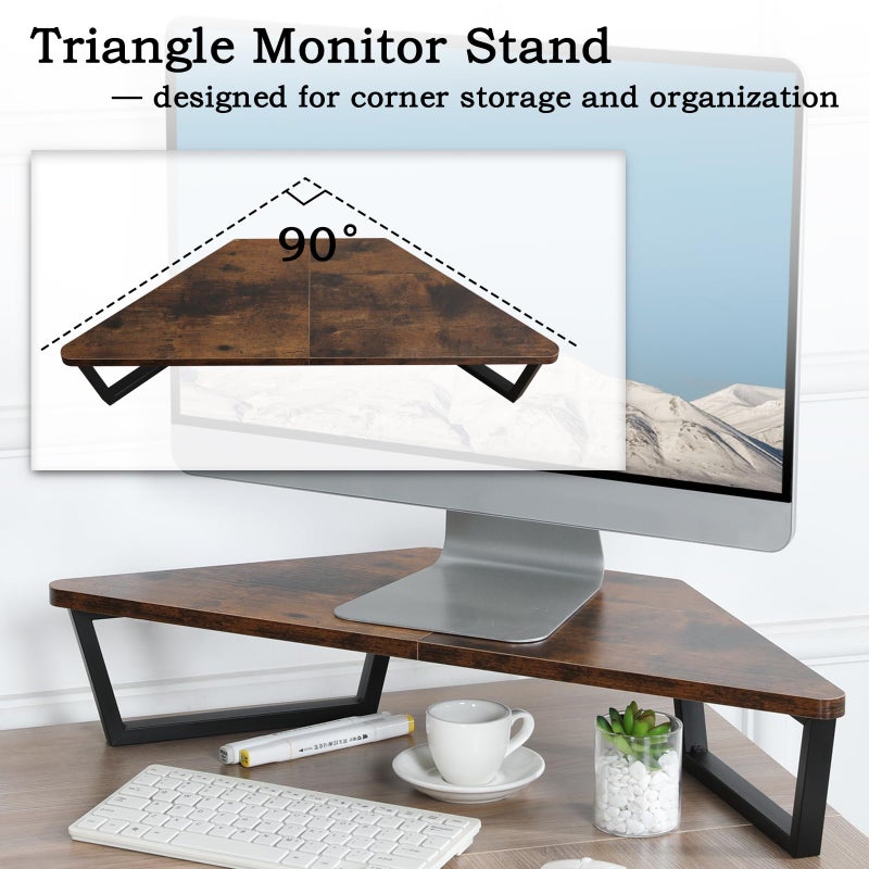 TEAMIX 26 inch Triangle Monitor Stand Riser, Desktop Corner Shelf with Metal Leg Wood Computer Stand with Storage Laptop Riser Office Organization - Image 3