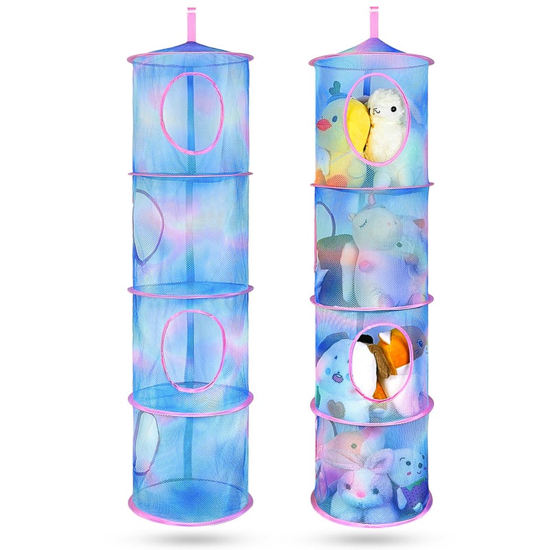 Basumee Stuffed Animals Net or Hammock 2 Pcs Stuffed Animals Storage Toy Net Hammock for Plushies Storage Organizer Mesh Kids Girls Room Decor Blue Teal 4 Tiers