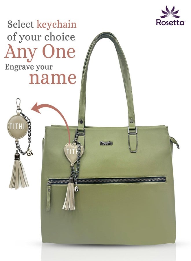 Rosetta Women’s Olive Green Handbag with Customized Name Keychain & Free Aloe Vera Skincare Gift | Stylish Shoulder Tote Bag with Front Zipper Pocket - Image 3