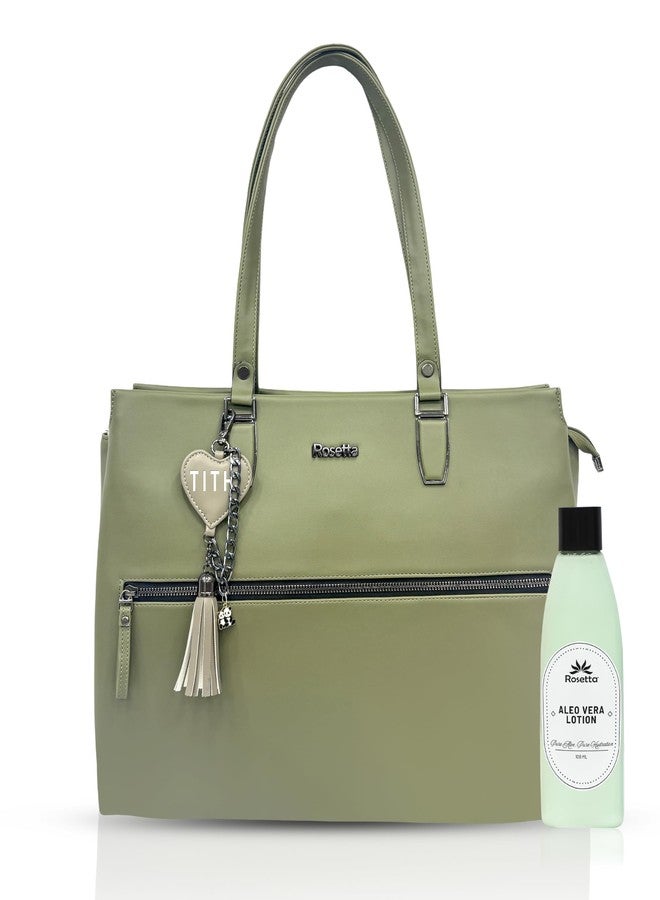 Rosetta Women’s Olive Green Handbag with Customized Name Keychain & Free Aloe Vera Skincare Gift | Stylish Shoulder Tote Bag with Front Zipper Pocket - Image 2