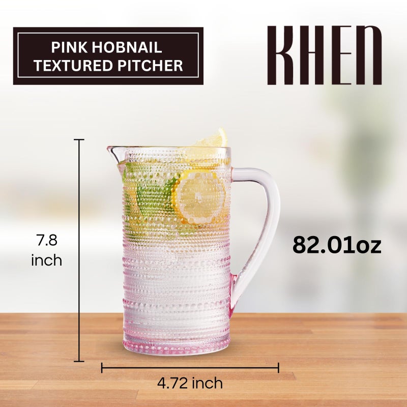 Khen Hobnail Blush Pink Pitcher, Beverage Dispenser, Heavy Duty Glass Beaded, 2.5 Quart, 82oz Cocktails, Juices, Water, Lemonade, Iced Tea, Parties, Everyday Fridge, Container, Milk, Iced Coffee, Drinks - Image 2