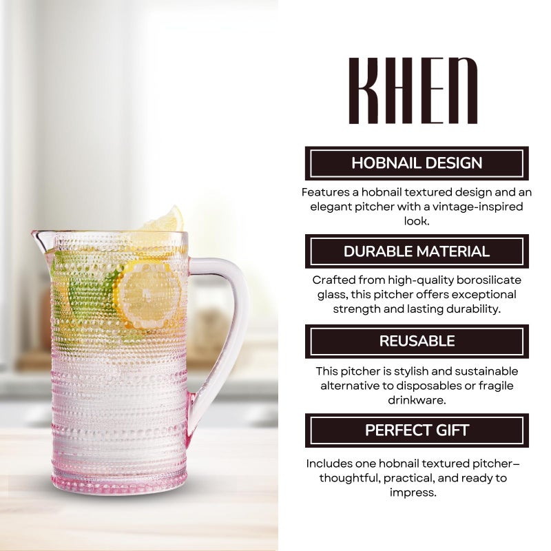 Khen Hobnail Blush Pink Pitcher, Beverage Dispenser, Heavy Duty Glass Beaded, 2.5 Quart, 82oz Cocktails, Juices, Water, Lemonade, Iced Tea, Parties, Everyday Fridge, Container, Milk, Iced Coffee, Drinks - Image 5