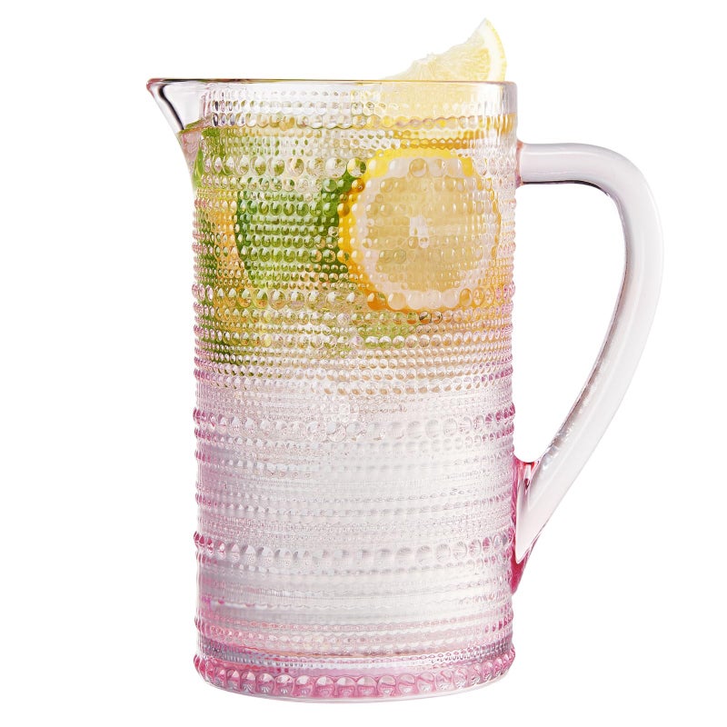 Khen Hobnail Blush Pink Pitcher, Beverage Dispenser, Heavy Duty Glass Beaded, 2.5 Quart, 82oz Cocktails, Juices, Water, Lemonade, Iced Tea, Parties, Everyday Fridge, Container, Milk, Iced Coffee, Drinks - Image 1