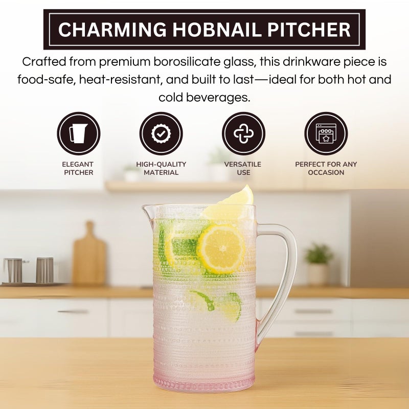 Khen Hobnail Blush Pink Pitcher, Beverage Dispenser, Heavy Duty Glass Beaded, 2.5 Quart, 82oz Cocktails, Juices, Water, Lemonade, Iced Tea, Parties, Everyday Fridge, Container, Milk, Iced Coffee, Drinks - Image 4