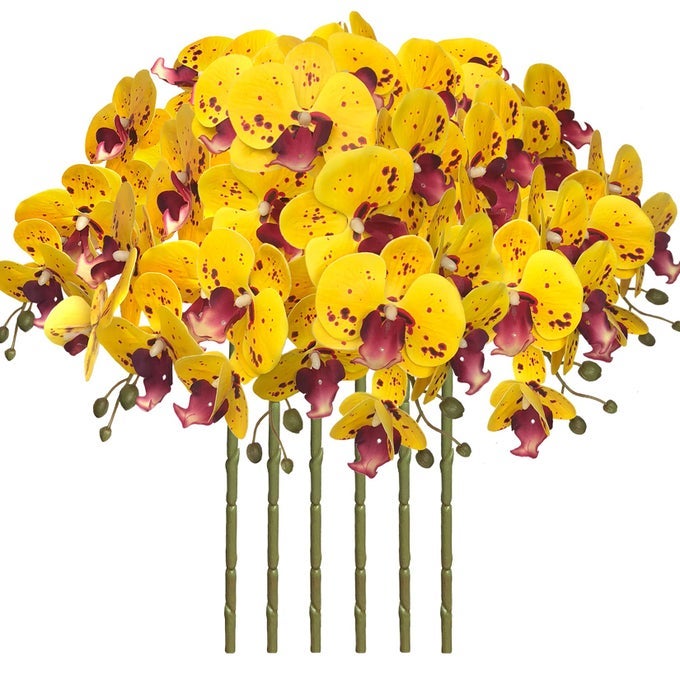 32 INCH ARTIFICIAL PHALAENOPSIS FLOWERS 6 PCS ARTIFICIAL ORCHID FLOWERS STEM PLANTS FOR HOME DCOR YELLOW PIEBALD