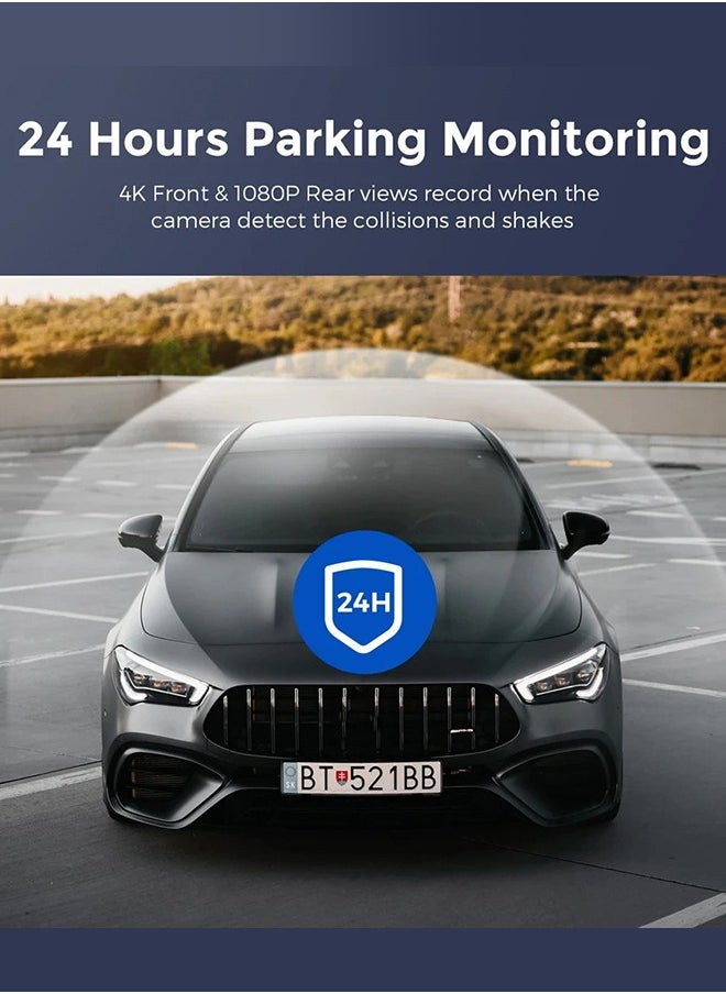 كاميرا Dash Cam 4K أمامية، كاميرا Dash Cam 4K أمامية، كاميرا مدمجة لاسلكية مدمجة للسيارات مزودة بتطبيق، كاميرا Dashcam صغيرة مع تطبيق، زاوية 170 درجة، مراقبة وقوف السيارات 24 ساعة، رؤية ليلية، WDR، مستشعر G، بطاقة SD مجانية 128G