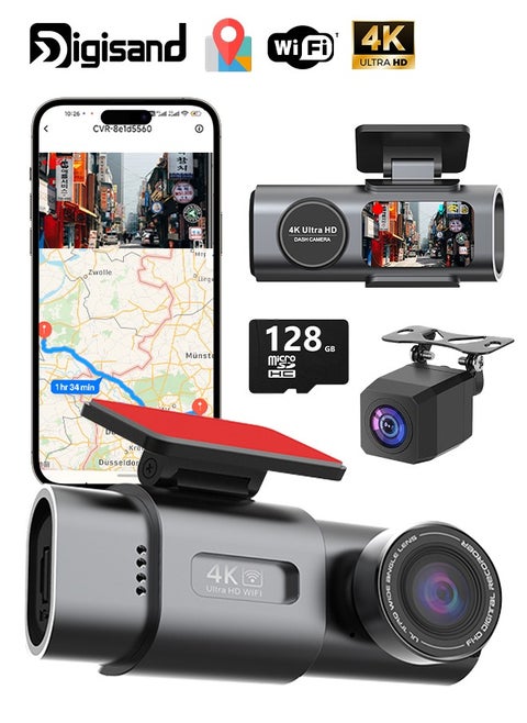 كاميرا Dash Cam 4K أمامية، كاميرا Dash Cam 4K أمامية، كاميرا مدمجة لاسلكية مدمجة للسيارات مزودة بتطبيق، كاميرا Dashcam صغيرة مع تطبيق، زاوية 170 درجة، مراقبة وقوف السيارات 24 ساعة، رؤية ليلية، WDR، مستشعر G، بطاقة SD مجانية 128G