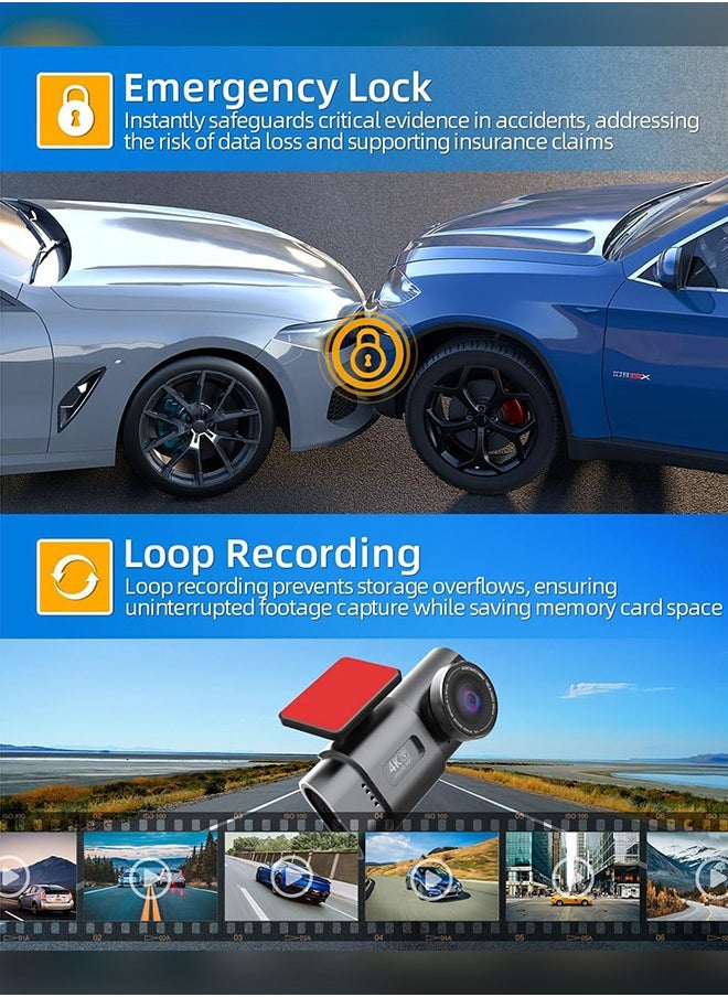كاميرا Dash Cam 4K أمامية، كاميرا Dash Cam 4K أمامية، كاميرا مدمجة لاسلكية مدمجة للسيارات مزودة بتطبيق، كاميرا Dashcam صغيرة مع تطبيق، زاوية 170 درجة، مراقبة وقوف السيارات 24 ساعة، رؤية ليلية، WDR، مستشعر G، بطاقة SD مجانية 128G