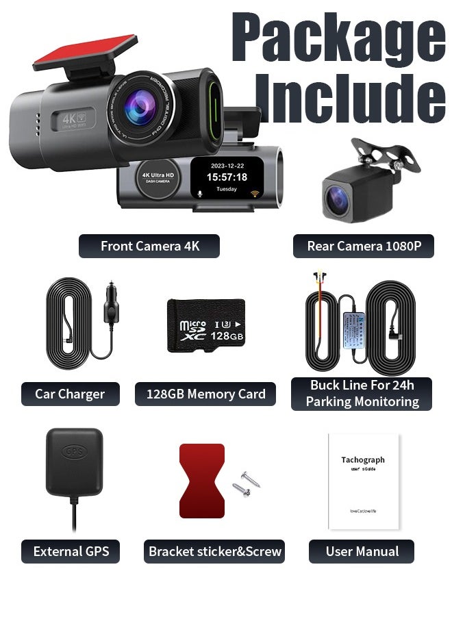 كاميرا Dash Cam 4K أمامية، كاميرا Dash Cam 4K أمامية، كاميرا مدمجة لاسلكية مدمجة للسيارات مزودة بتطبيق، كاميرا Dashcam صغيرة مع تطبيق، زاوية 170 درجة، مراقبة وقوف السيارات 24 ساعة، رؤية ليلية، WDR، مستشعر G، بطاقة SD مجانية 128G