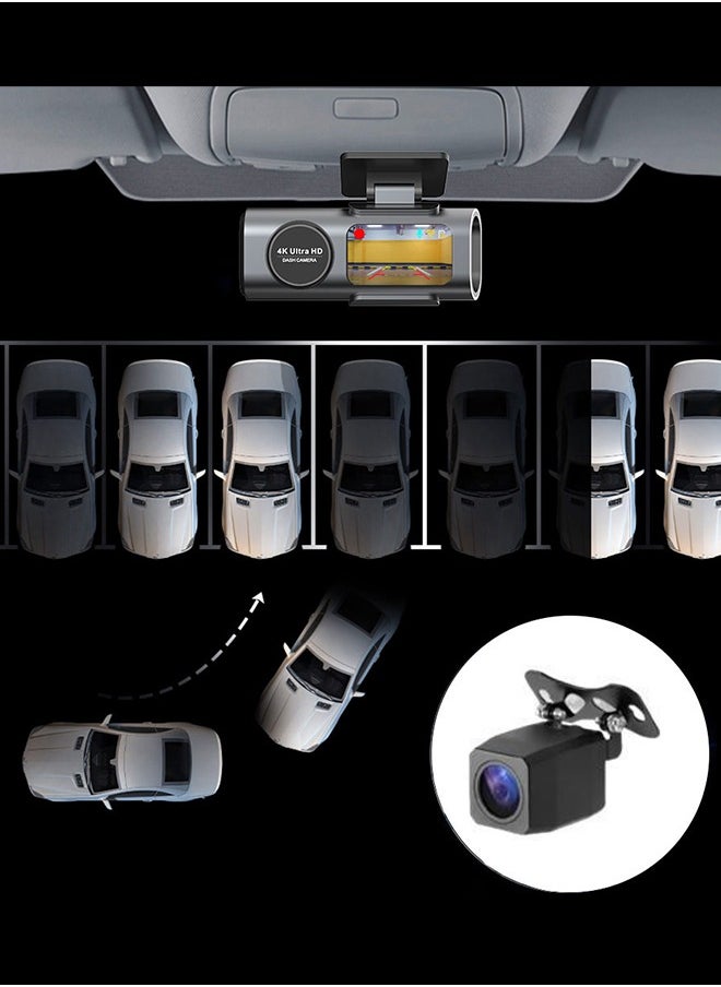 كاميرا Dash Cam 4K أمامية، كاميرا Dash Cam 4K أمامية، كاميرا مدمجة لاسلكية مدمجة للسيارات مزودة بتطبيق، كاميرا Dashcam صغيرة مع تطبيق، زاوية 170 درجة، مراقبة وقوف السيارات 24 ساعة، رؤية ليلية، WDR، مستشعر G، بطاقة SD مجانية 128G