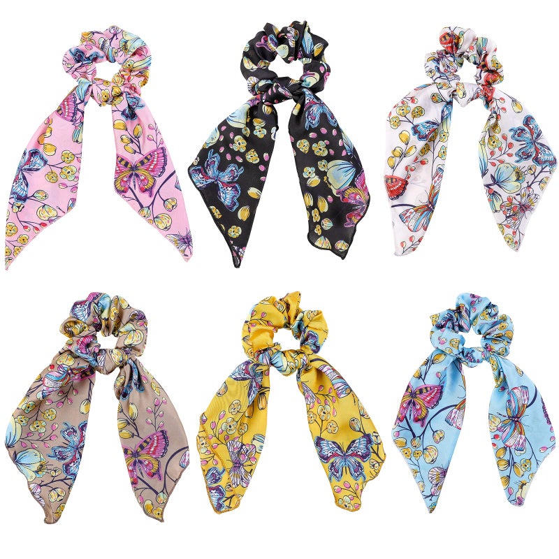 Cutewing Butterfly Scrunchies  Vivid Silk Hair Accessories with Colorful Scarves Ribbons Elastics Bandanas Bows and Bands for Women and Girls 6PCS