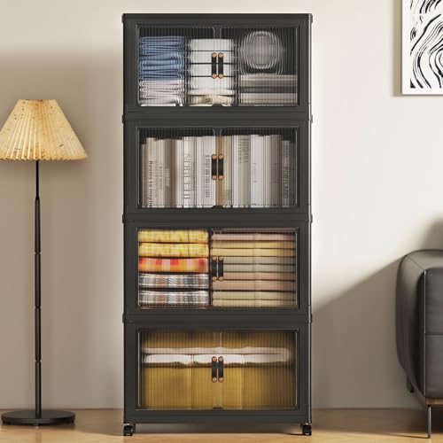 SAILUN 260Qt Stackable Storage Bins Folding Collapsible Storage Bins with Lid, Closet Organizers and Storage Box with Door Black 22" W x 13" D x 50" H - Image 4