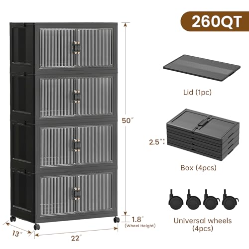 SAILUN 260Qt Stackable Storage Bins Folding Collapsible Storage Bins with Lid, Closet Organizers and Storage Box with Door Black 22" W x 13" D x 50" H - Image 2