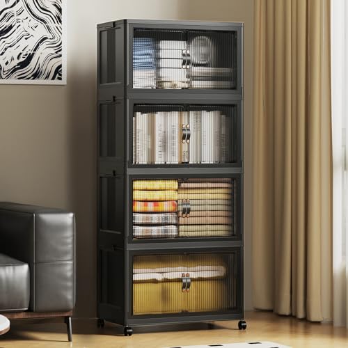 SAILUN 260Qt Stackable Storage Bins Folding Collapsible Storage Bins with Lid, Closet Organizers and Storage Box with Door Black 22" W x 13" D x 50" H - Image 1