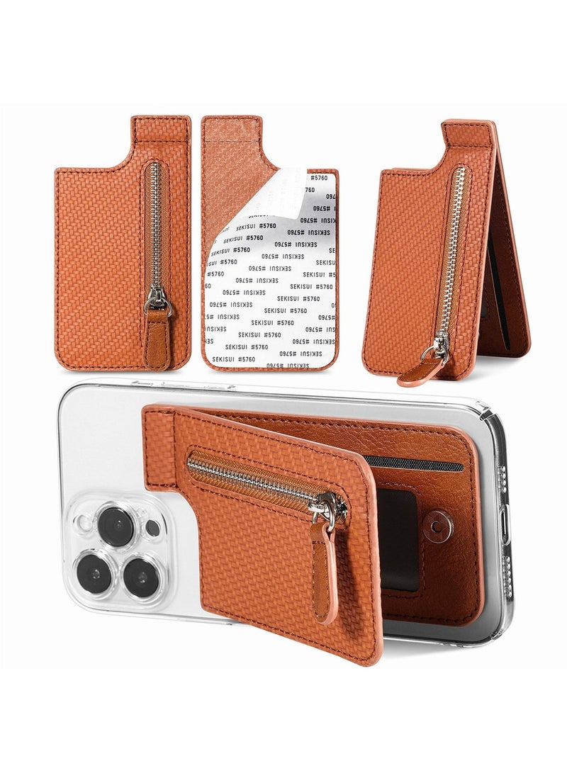 ممون حامل بطاقات الهاتف، جراب بطاقات ائتمان من جلد البولي يوريثان للهاتف المحمول، محفظة لاصقة صلبة للهاتف المحمول، حقيبة بطاقات من طبقتين بسحاب، بني - Image 1