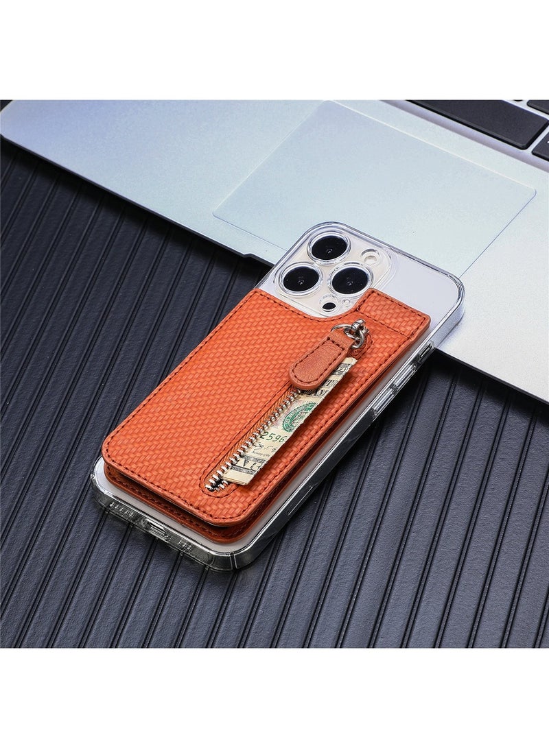 ممون حامل بطاقات الهاتف، جراب بطاقات ائتمان من جلد البولي يوريثان للهاتف المحمول، محفظة لاصقة صلبة للهاتف المحمول، حقيبة بطاقات من طبقتين بسحاب، بني - Image 2