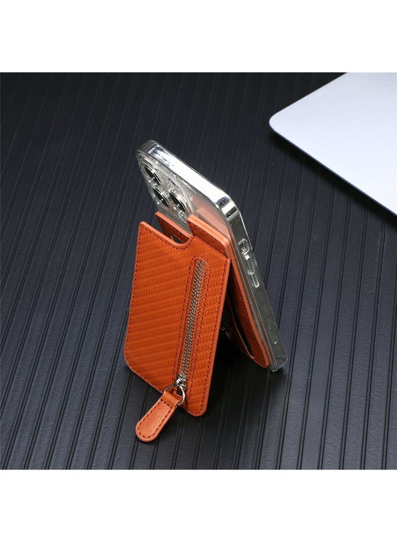 ممون حامل بطاقات الهاتف، جراب بطاقات ائتمان من جلد البولي يوريثان للهاتف المحمول، محفظة لاصقة صلبة للهاتف المحمول، حقيبة بطاقات من طبقتين بسحاب، بني - Image 4