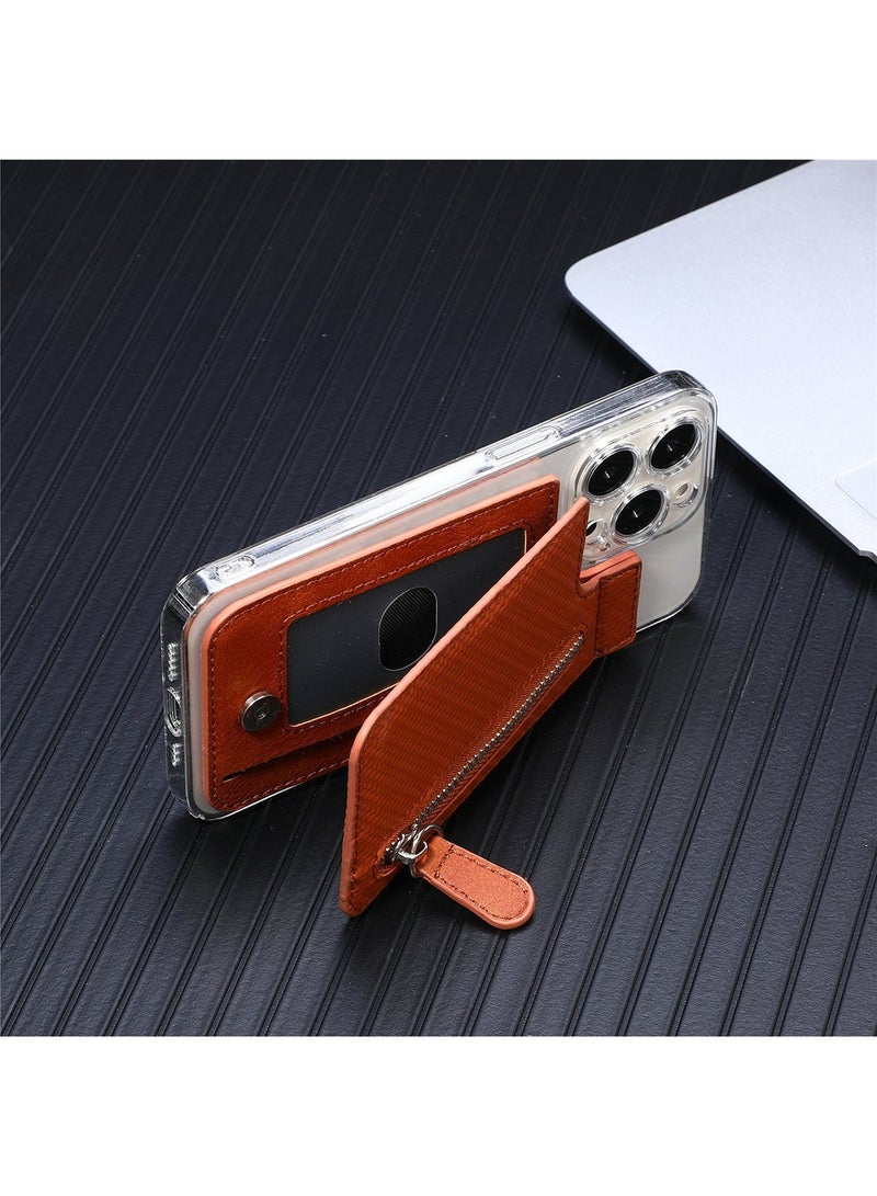 ممون حامل بطاقات الهاتف، جراب بطاقات ائتمان من جلد البولي يوريثان للهاتف المحمول، محفظة لاصقة صلبة للهاتف المحمول، حقيبة بطاقات من طبقتين بسحاب، بني - Image 5