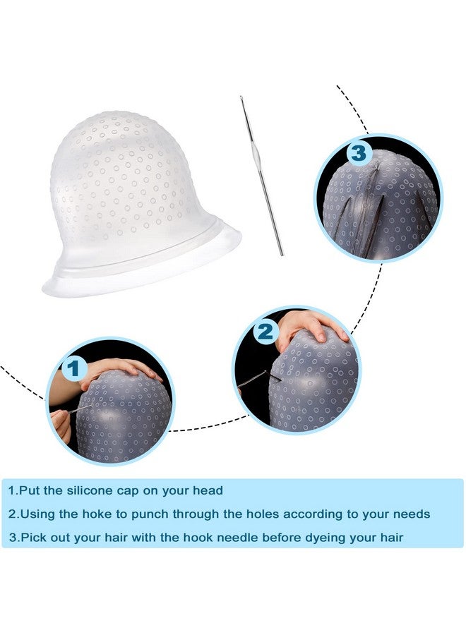FRIUSATE FRIUSATE Hair Coloring Highlighting Cap, 2 Pieces Silicone Highlight Cap Pull Through Caps Hair Coloring Frosting Cap with Hook, Hair Highlighting Kit Gloves and Brush for Salon Tools Women Men - Image 3