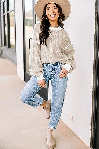 Disamer Womens Sweaters Fall 2025 Fashion Long Sleeve Color Block Oversized Sweater Trendy Casual Crew Neck Knitted Tops Pullover,Apricot,Small - Image 2