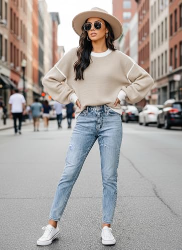 Disamer Womens Sweaters Fall 2025 Fashion Long Sleeve Color Block Oversized Sweater Trendy Casual Crew Neck Knitted Tops Pullover,Apricot,Small - Image 4