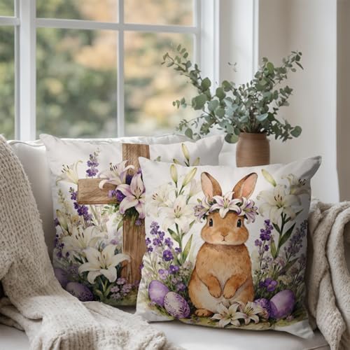 Wnoesat Easter Bunny Throw Pillow Covers 18x18 Set of 2 Watercolor Purple Floral Cross Pillow Covers Spring Lily Flowers Rabbit Farmhouse Decorative Throw Pillows for Home Couch Sofa Bed Porch Decor - Image 3