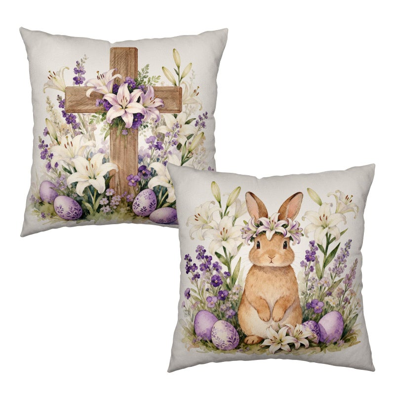 Wnoesat Easter Bunny Throw Pillow Covers 18x18 Set of 2 Watercolor Purple Floral Cross Pillow Covers Spring Lily Flowers Rabbit Farmhouse Decorative Throw Pillows for Home Couch Sofa Bed Porch Decor - Image 2