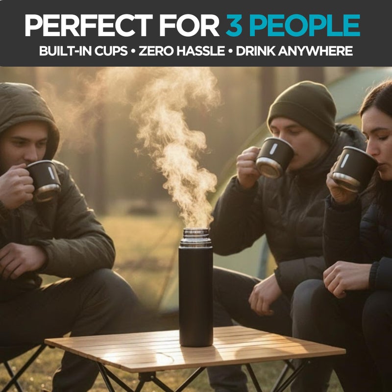 Goodscious Black Vacuum Flask Gift Set, Stainless Steel Insulated Water Bottle w/ 3 Cups, Hot & Cold Drinks Coffee Thermo Water Bottle, Reusable Thermal Cup for Outdoor Camping Travel, Termos para Agua Fria,17oz - Image 3