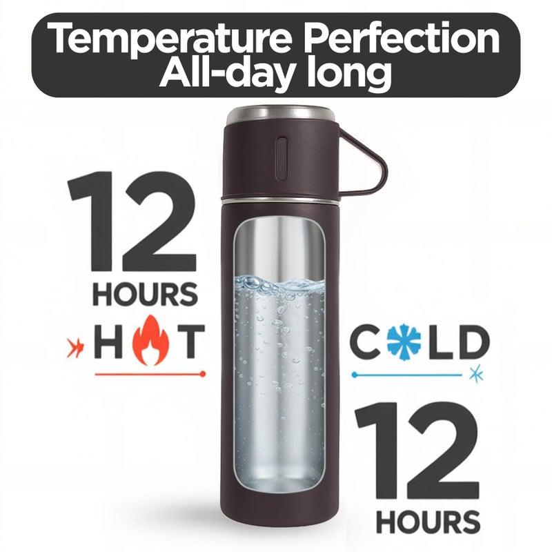 Goodscious Black Vacuum Flask Gift Set, Stainless Steel Insulated Water Bottle w/ 3 Cups, Hot & Cold Drinks Coffee Thermo Water Bottle, Reusable Thermal Cup for Outdoor Camping Travel, Termos para Agua Fria,17oz - Image 5