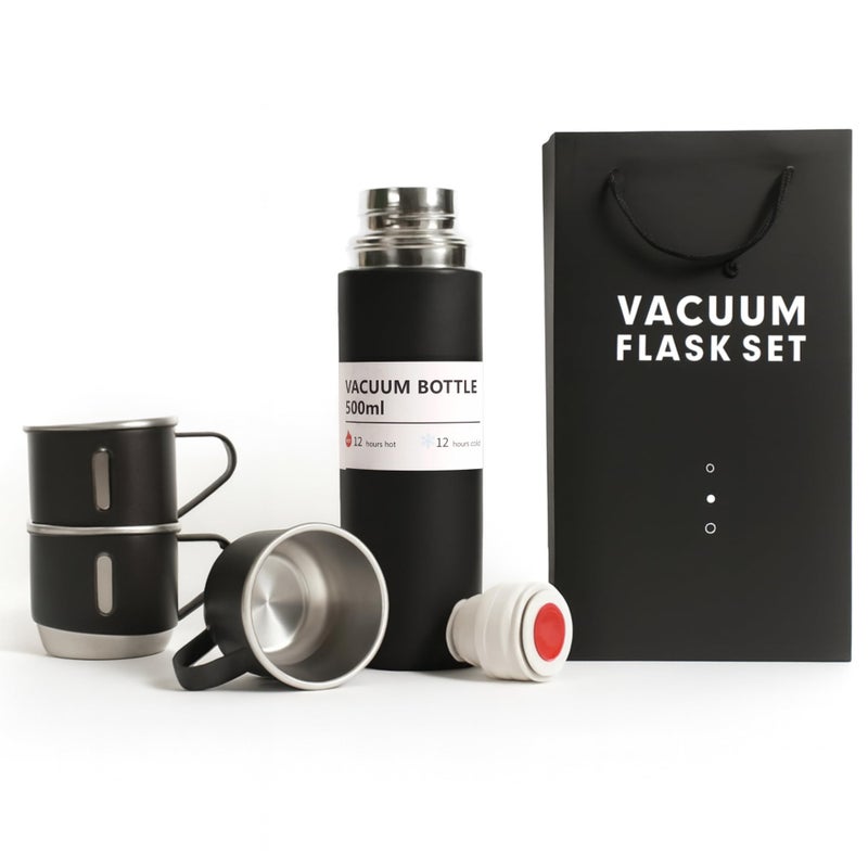 Goodscious Black Vacuum Flask Gift Set, Stainless Steel Insulated Water Bottle w/ 3 Cups, Hot & Cold Drinks Coffee Thermo Water Bottle, Reusable Thermal Cup for Outdoor Camping Travel, Termos para Agua Fria,17oz - Image 1