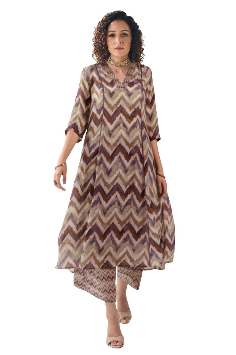 Toochki Dress for Women | Kurti Set for Women's | Anarkali Fit & Flared Kurtas for Woman | Cotton Kurtis for Woman's | Kurta with Palazzo | Ethnic Salwar Suits Sets Dress Brown - Image 1