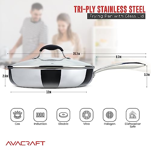 AVACRAFT 18/10 12 Inch Stainless Steel Frying Pan with Lid, Side Spouts, Induction Pan, Versatile Stainless Steel Skillet, Fry Pan in our Pots and Pans (Tri-Ply Stainless Steel, 12 Inch) - Image 2
