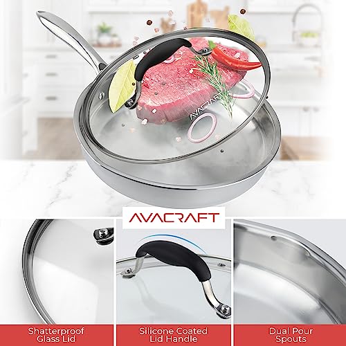 AVACRAFT 18/10 12 Inch Stainless Steel Frying Pan with Lid, Side Spouts, Induction Pan, Versatile Stainless Steel Skillet, Fry Pan in our Pots and Pans (Tri-Ply Stainless Steel, 12 Inch) - Image 4